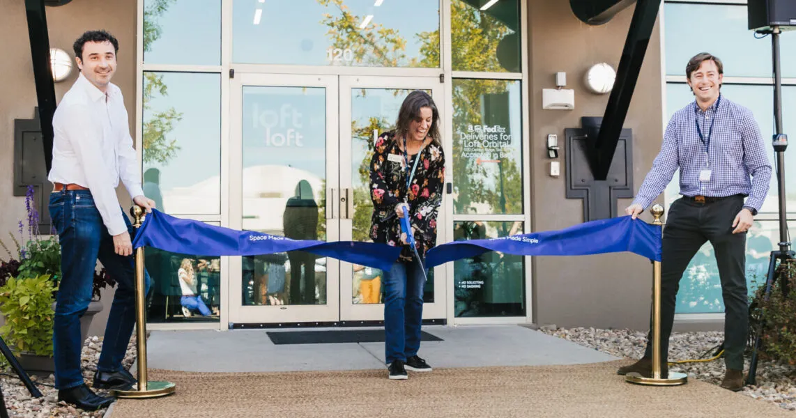 Loft Co-founders Pierre-Damien Vaujour and Alex Greenberg help Golden mayor, Laura Weinberg cut the ribbon for the new Integration & Test Center.